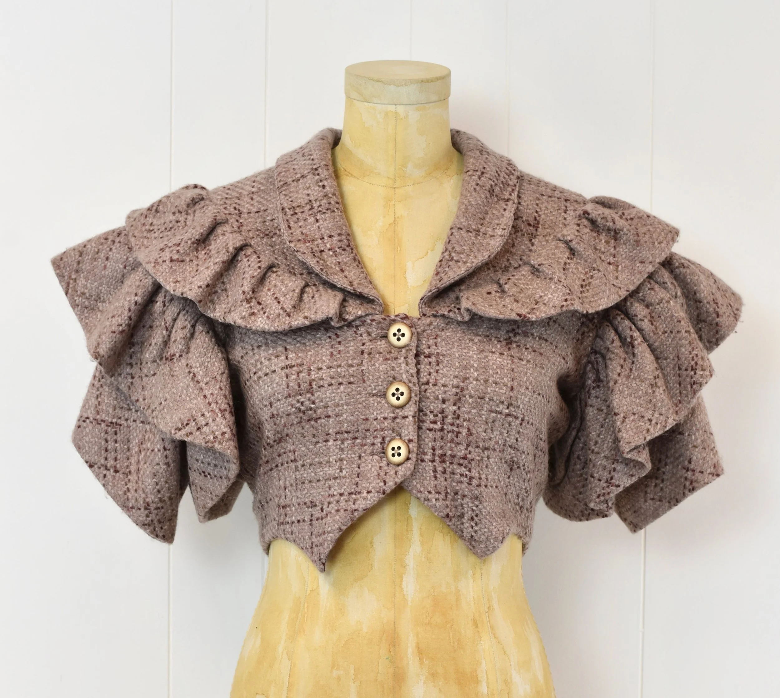 Vintage Mauve Plaid Ruffle Dramatic Sleeve Wool Lopeti Etu Cropped Bolero Sweater Jacket Canned Ham Vintage